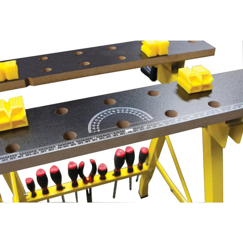 Portable All In One Workbench With Vise 200 Lb Capacity Folding Design For Easy Carry On The Go Printed Grid Tabletop With Ruler And Protractor One Handed Clamp System Jaws Resist Warping Yellow