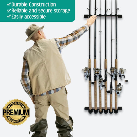 Holds Up To Six Fishing Rods And Reels In A Sturdy Wall Mount Rod Holder For Garage Organization with person holding rod