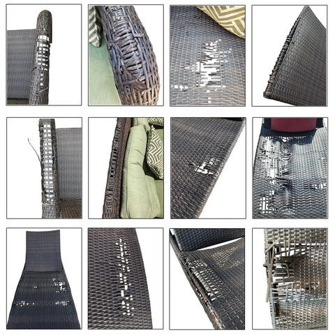 Damaged patio furniture close-up showing rattan damage, perfect for using the Smooth Out Your Backyard With This Top Shelf 120 Ft Wicker Repair Kit And Nifty Gradient Dark Brown Synthetic Rattan Strips For Quick Patio Furniture Fixes Without Any Major Hiccups Today.