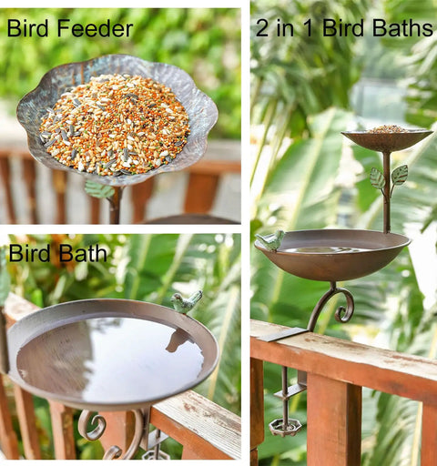Dual Bowl Bird Bath For Deck Railing And Balcony Feeder brings real deal backyard vibes with steel feeder and water dish.