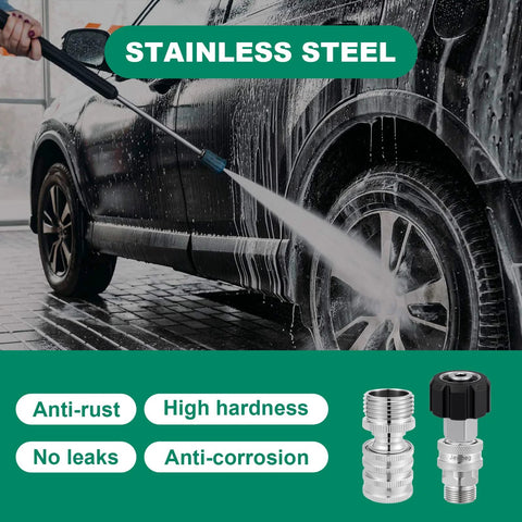 Jewheg stainless steel pressure-washer adapters with M22 swivel, 14mm to 3/8 in, 3/4 in hose fittings; front view
