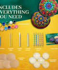 Rock Painting Kit With Dotting Tools And Stencils And Acrylic Paints For Easy At Home Relaxing DIY Arts And Crafts Includes 5 Wooden Rocks 6 Mandala Stencils 12 Vibrant Colors And All The Dotting Tools For Adults And Women displayed with contents