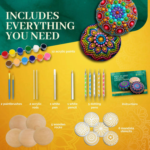 Rock Painting Kit With Dotting Tools And Stencils And Acrylic Paints For Easy At Home Relaxing DIY Arts And Crafts Includes 5 Wooden Rocks 6 Mandala Stencils 12 Vibrant Colors And All The Dotting Tools For Adults And Women displayed with contents