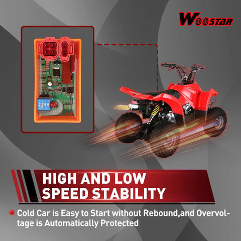 Image of 6 Pin AC CDI Box Replacement for GY6 Scooters and red ATV emphasizing ignition stability.