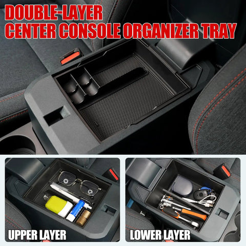 Ford Maverick Center Console Organizer Kit With Dual Cup Holders And Door Handle Storage, open view of dual-layer tray