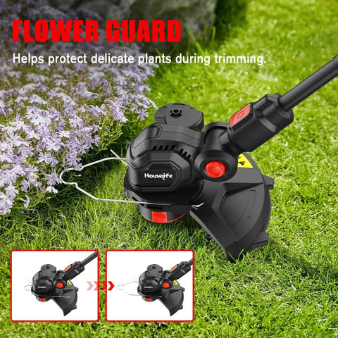 Cordless 12 Inch 3 In 1 String Trimmer Weed Eater Tool Only Red Workhorse With 8500 RPM near flowers, automatic line feed visible