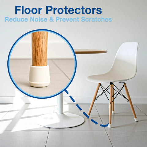 Seven Eighth Inch Round Rubber Chair Leg Caps, Slip On Nonslip Furniture Floor Protectors For Hardwood And Tile, White Four Pack installed on a wooden chair leg.