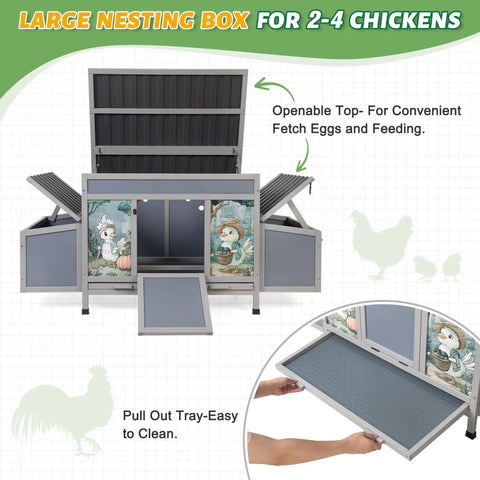 Wooden Chicken Coop With Nesting Boxes And Roosting Bars 59 Inches Large Outdoor Poultry Hutch showing openable top and tray