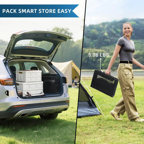 Woman carrying Small Folding Grill Table For Camping And Outdoor Cooking Portable BBQ Ready Picnic Stand with three height settings