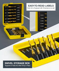 13 Piece HSS Titanium Coated Drill Tap Bit Set For Drilling Tapping And Countersinking SAE And Metric in yellow storage case