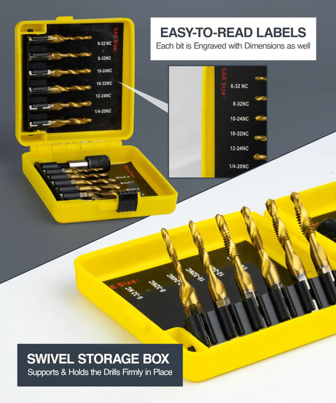 13 Piece HSS Titanium Coated Drill Tap Bit Set For Drilling Tapping And Countersinking SAE And Metric in yellow storage case