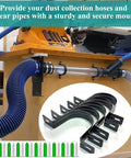 Tough As Nails Adjustable Dust Collection Hose Hangers And Pipe Wall Mounts in use, showcasing flexibility and heavy duty black brackets.
