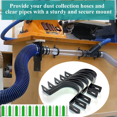 Tough As Nails Adjustable Dust Collection Hose Hangers And Pipe Wall Mounts in use, showcasing flexibility and heavy duty black brackets.