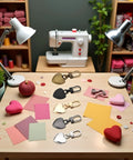 Sewing table with 5 Pack Multicolor Heart Shaped Zipper Pull Replacements, metal zipper tabs for coats, jackets, and backpacks.
