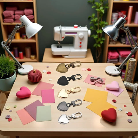 Sewing table with 5 Pack Multicolor Heart Shaped Zipper Pull Replacements, metal zipper tabs for coats, jackets, and backpacks.