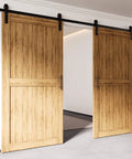 Black Rustic Non Bypass Sliding Barn Door Hardware Kit For Double Doors 11 Ft Flat Track With Classic Roller System Heavy Duty Carbon Steel With Nylon Wheels Built For Interior And Exterior Use installed on double wooden doors