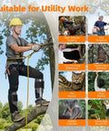 Heavy Duty Aluminum Tree Climbing Spikes With Straps And Covers, Height Adjustable Tree Spurs in use by person on tree, 350 lb support