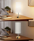 Set Of 2 Touch Control Table Lamps With 3 Way Dimming, USB Ports And AC Outlets on wooden desk in living room setting