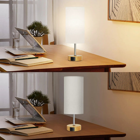 Set Of 2 Touch Control Table Lamps With 3 Way Dimming, USB Ports And AC Outlets on wooden desk in living room setting