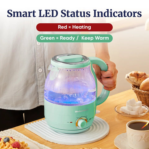 Super Fast Boil Electric Glass Kettle 1.2L 1200W With Adjustable Temperature Control And Keep Warm Mint Finish on countertop