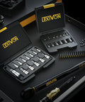 Tamper Resistant Torx Bit Set 13 Piece T4 Through T40 S2 Alloy Steel Impact Grade Security Bits With One Quarter Inch Hex Shank Stored In Handy Organizer Sleeve For Quick Grab And Go Pro Level Repairs, open case display on workbench.