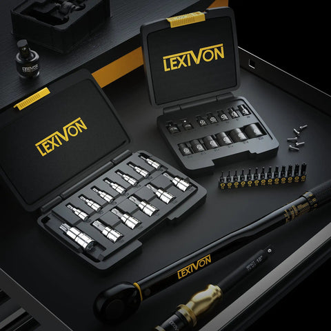 Tamper Resistant Torx Bit Set 13 Piece T4 Through T40 S2 Alloy Steel Impact Grade Security Bits With One Quarter Inch Hex Shank Stored In Handy Organizer Sleeve For Quick Grab And Go Pro Level Repairs, open case display on workbench.