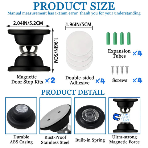 Magnetic Door Catch Kit For RVs And Campers Black Door Stopper with adhesive strips, screws, expansion tubes, size details