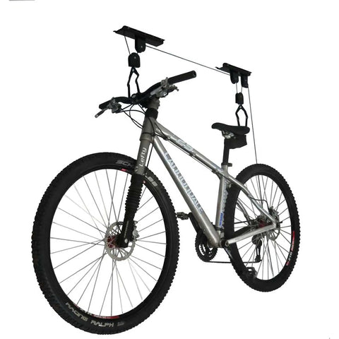 Bike Hoist For Garage Storage Ceiling Lift With 100 Lb Capacity Easy Install Rubber Coated Hooks For Scratch Free Parking And Ladder Style Lift That Lets You Hang Bikes Neatly And Safely In Your Garage lifting a bicycle.