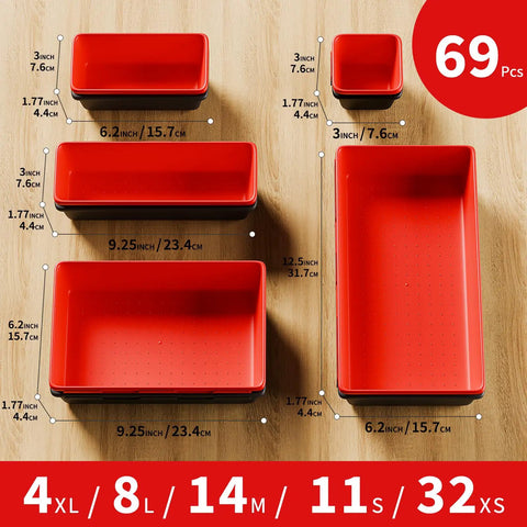 69 Piece Tool Organizer Set With 5 Sizes For Drawer Desk Tray Rolling Chest And Toolbox Storage in Black and Red Durable Plastic Bins