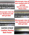 Microscopic view of burrs at different grit levels and super strop finish for Assorted 1X30 Inch Belt Kit With Super Strop Leather Honing Belt.