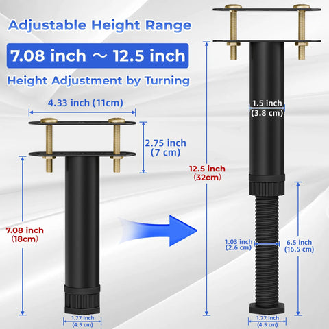 Image showing Six Pack Adjustable Bed Support Legs With Locking Ring Stand Height Adjusts From Seven To Twelve Point Five Inches. Features height adjustment.