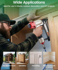 Person using Heavy Duty 18 Gauge Pneumatic Brad Nailer Kit Includes Four Thousand Assorted Nails for woodworking projects.