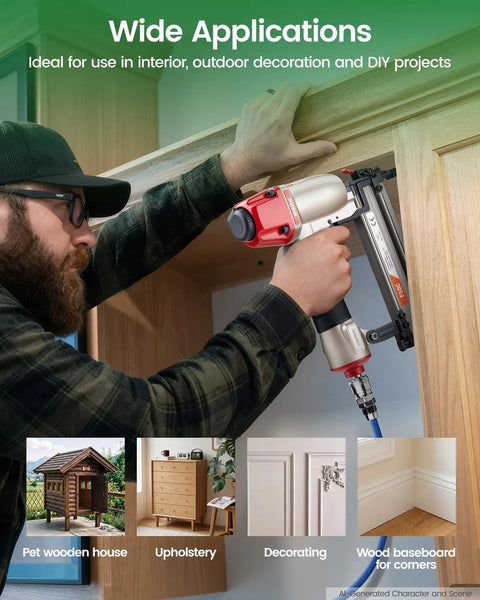 Person using Heavy Duty 18 Gauge Pneumatic Brad Nailer Kit Includes Four Thousand Assorted Nails for woodworking projects.