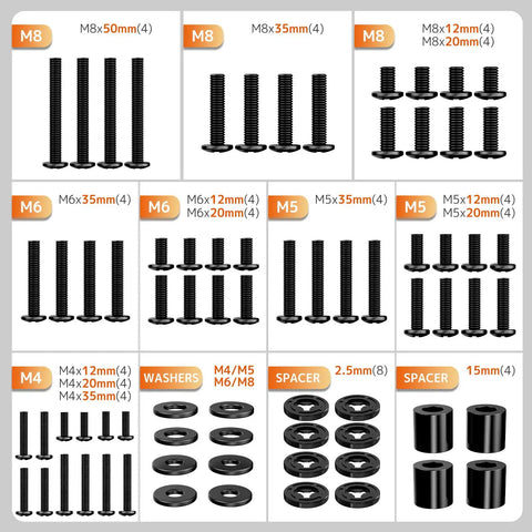 Universal TV Mount Hardware Screw Kit With M4 M5 M6 M8 Bolts Washers And Spacers For Flat Displays Up To Eighty Inches parts arrangement