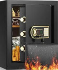 2.5 Cubic Foot Large Fireproof Safe Box with Waterproof Document Bag, black steel, digital lock, open showing valuables inside.