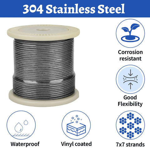 One Eighth Inch Wire Rope Kit With 200 Feet Vinyl Coated Stainless Steel Cable, spool display with features like corrosion resistance