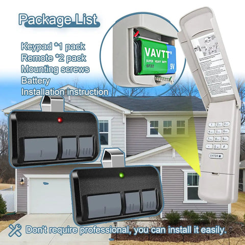 877MAX Keypad With 2 Pack 893MAX Remote For No Hassle Garage Door Opener Control with home background and package list.