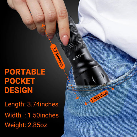 Compact UV Blacklight Flashlight With 21 LEDs 395nm For Pet Urine Detection in jeans pocket, showing size details