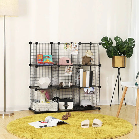 Heavy Duty Nine Cube Metal Wire Storage Shelf, Slick Modular Organizer Rack For Master Bedroom Or Living Area, Stackable DIY Closet Cabinet In Super Tough Matte Black Finish