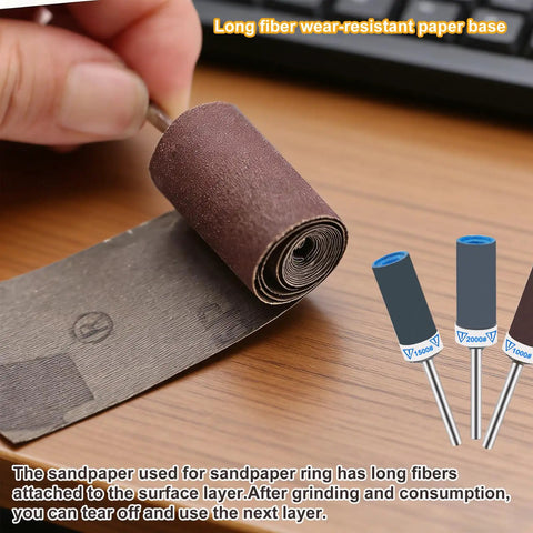 Close-up of sanding drum from 30 Piece Sanding Drums And Sandpaper Sticks Set For Dremel Rotary Tool One Eighth Inch Shank