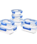 Leak Proof Glass Food Storage Set With Borosilicate Glass, Oven Safe And Stain Resistant, 14 Piece Containers And Lids, BPA Free, Easy To Clean, Clear With Blue Silicone Ring