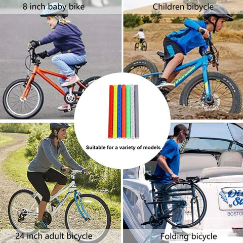 72Pcs Spoke Reflectors Set for Night Riding, various bike types showing compatibility and high visibility in use.