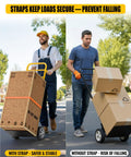 Heavy Duty Folding Hand Truck Wheeled Dolly Cart With Rugged Alloy Steel Frame Eight Hundred Lb Capacity shown with secure straps and without.