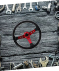 Deep Dish 14 Inch PU Racing Steering Wheel with Red Horn Button amid car tools on wood background
