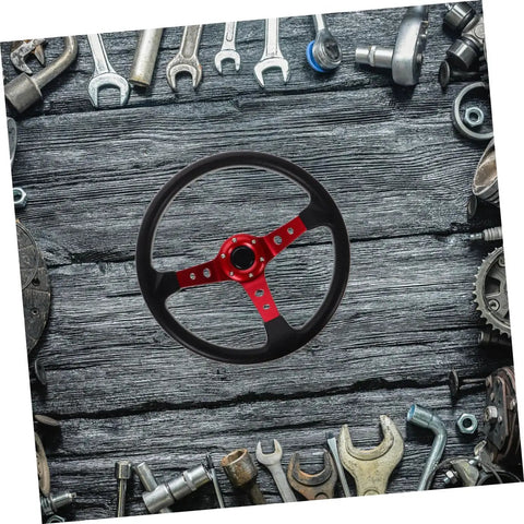 Deep Dish 14 Inch PU Racing Steering Wheel with Red Horn Button amid car tools on wood background