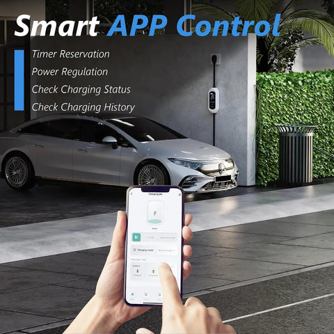 Level 2 EV Charger 40 Amp 240V Portable Electric Vehicle Station with smart app control shown near parked car.
