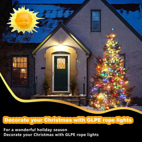 House decorated with 66Ft Solar String Lights Outdoor Waterproof LED Rope Lights on a Christmas tree, evening view