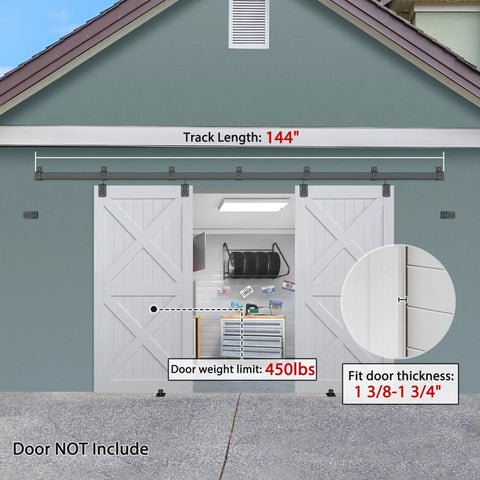 Exterior Sliding Barn Door Hardware Kit For 12 Foot Double Doors Wall Mount Track System in Black, installed on outdoor shed