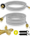 RV Propane Kit With 4 Port Brass Tee, Plug And Play 5 Foot And 12 Foot Stainless Braided Hoses, Camping Accessories
