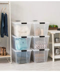 Straight Up Premium 54 Qt Stackable Storage Bins With Lids 12 Pack Clear Plastic Totes arranged for closet organization.